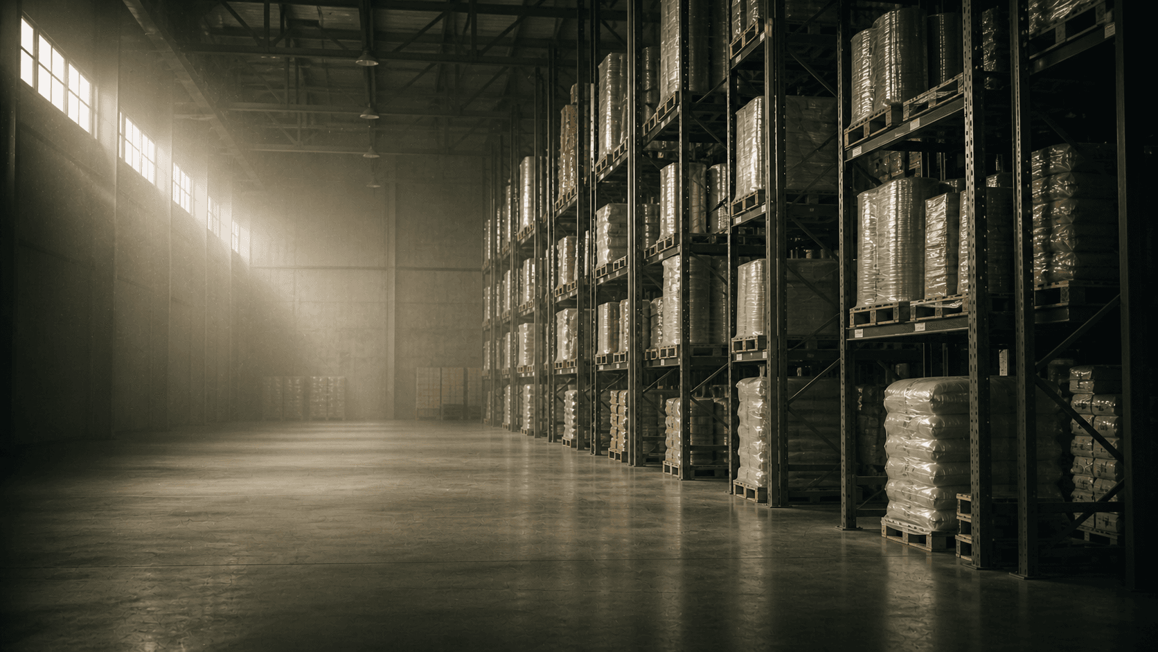Deep interior view of a clean industrial warehouse — bay rows of palletized goods receding into atmospheric depth, daylight from clerestory windows.