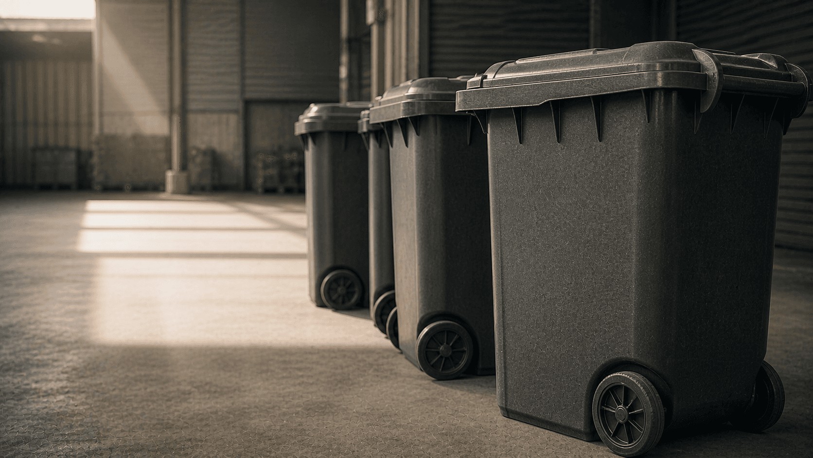 Charcoal-coloured 240L wheeled dustbins lined up in a loading bay