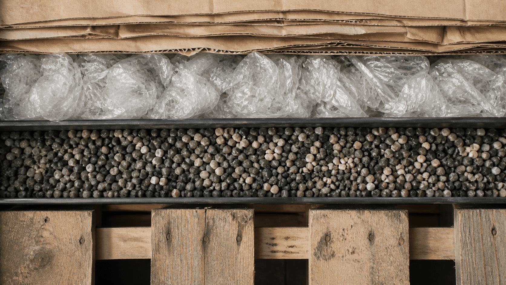 Stratified composition of recycled cardboard, plastic film, plastic regrind pellets, and hardwood pallet planks — the four material categories Resycal recovers and remanufactures.
