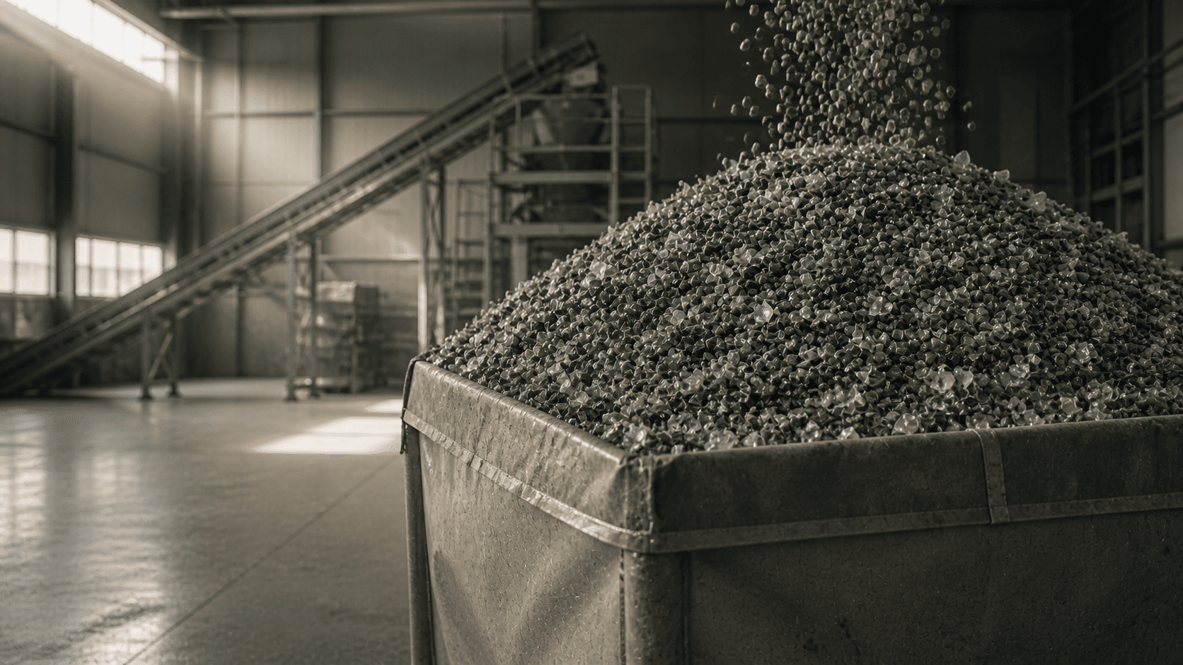 Dark olive HDPE plastic regrind pellets in a steel processing hopper