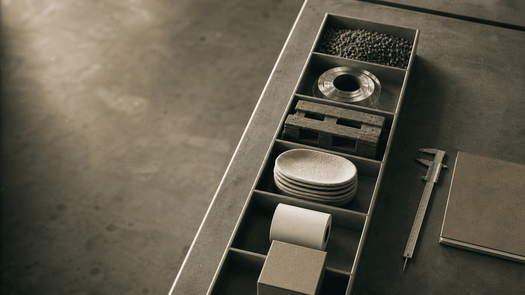 Industrial material samples laid out in compartmented metal trays on a quality-control workbench, with calipers and a notebook beside them.