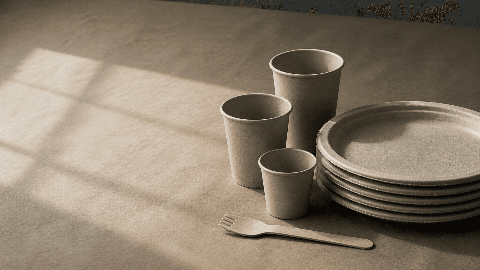 Stacked bagasse plates and paper cups arranged on an unbleached kraft surface