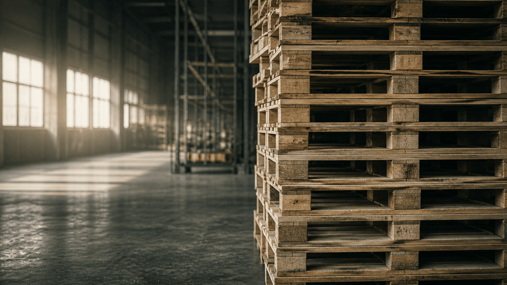 Stack of heat-treated hardwood pallets in an industrial warehouse, daylight from rear windows